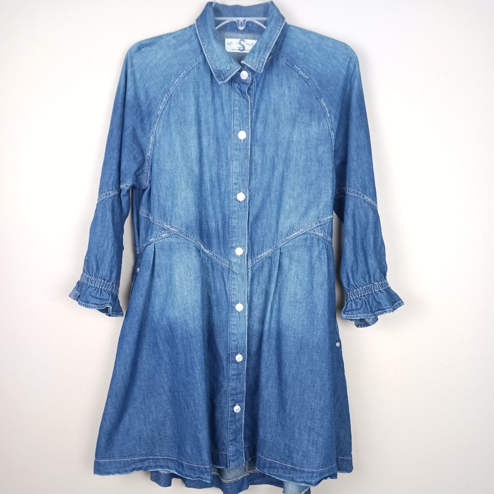 FREE PEOPLE| We the Free Hannah Denim Mini Dress Puff Sleeves Button Front Sz S